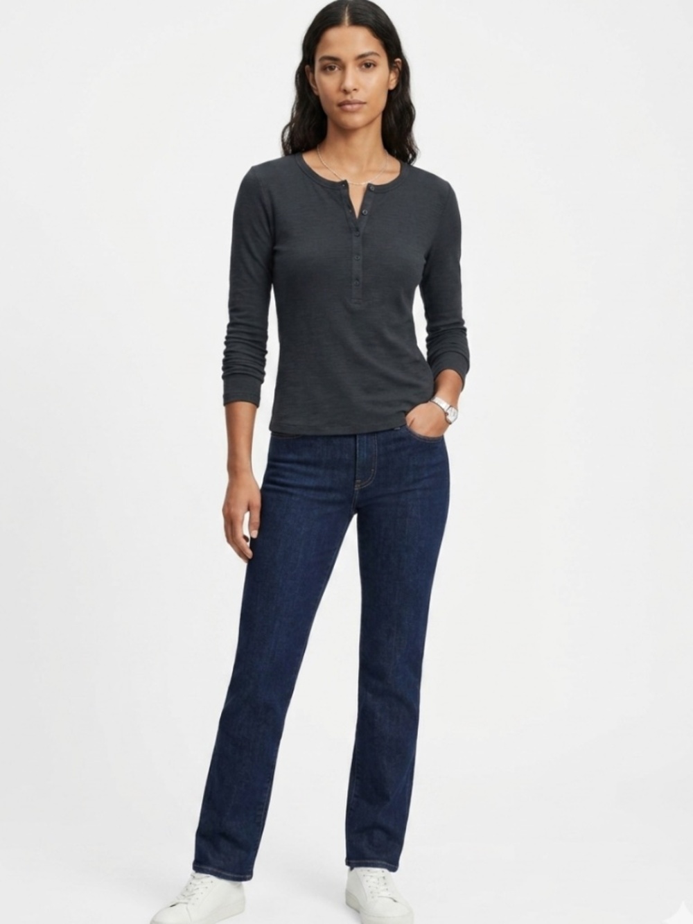 Vince Fitted Slub Henley Classic Top Long Sleeve Minimalist Black Size Large